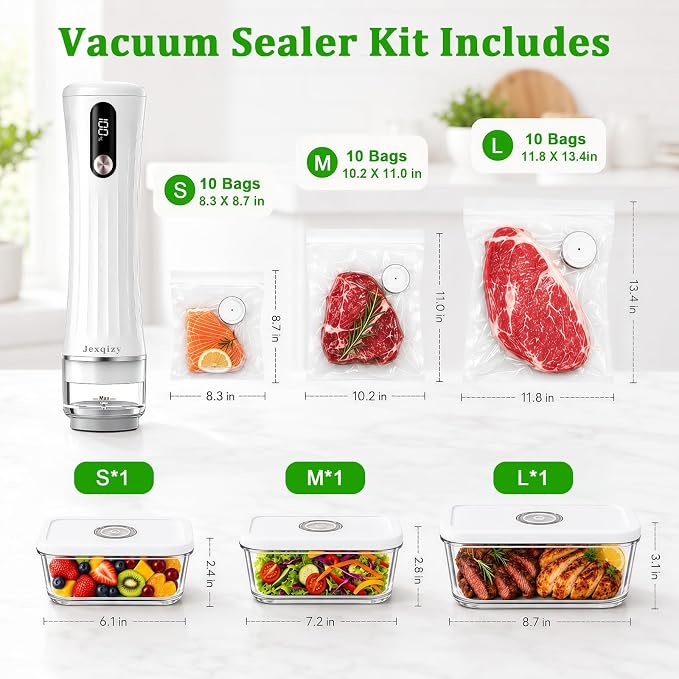 Compact Vacuum Sealer for Food, 80kPa Food Sealer with LED Display | 2000mAh Vacuum Sealer Machine+3Glass Containers+30 Bags, Handheld Vacuum Sealer,Cordless&Portable for Meal Prep, Food Storage - Image 4