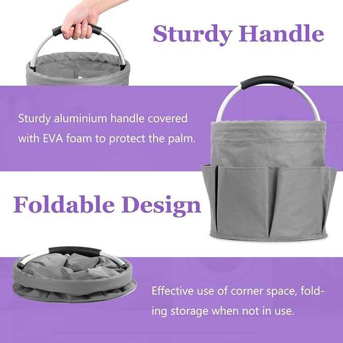 17L Collapsible Cleaning Supplies Caddy with Handle for Travel, Dark Gray | IHOMAGIC 600D Oxford Bucket Tool Organizer, Cleaning Tote with 6-pockets, Portable Storage Basket for Home, Hotel, Restaurant - Image 5