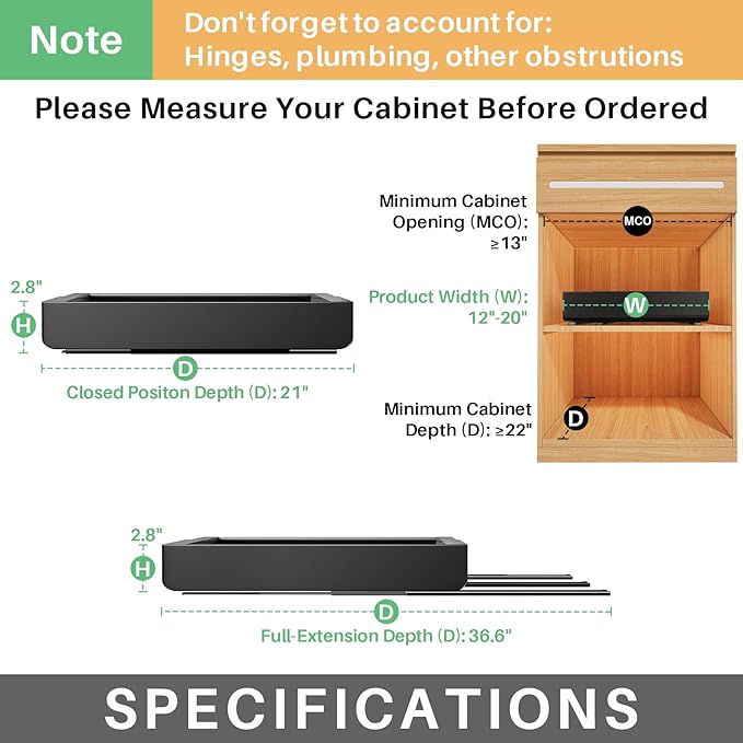 2 Pack Pull out Cabinet Organizer, Expandable(12"-20") Heavy Duty Slide out Drawer Fixed with Adhesive Nano Film for Pots, Roll out Shelf Storage for Kitchen Organization, Pantry, Bathroom(Black) - Image 2