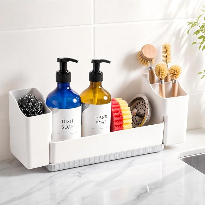 Sponge Holder for Kitchen Sink with Drying Stone, White | Kitchen Caddy Sink Organizer, 2 Removable Cups, Premium ABS, Anti-Slip, 12.7" Sponge and Soap Holder for Kitchen Counter by Sotfamily