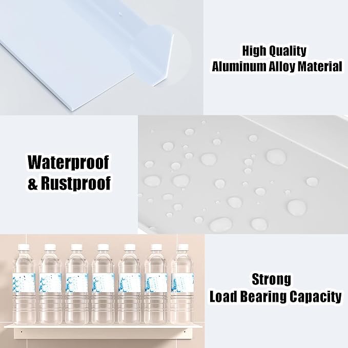 HNVNER Adhesive Bathroom Shelves 2 Pack, Metal Floating Wall Shelf, 30cm | White Shower Caddy, Wall Storage Decoration, Supports 5kg, Screw/No Drilling, Renter-friendly, Rustproof & Waterproof - Image 5