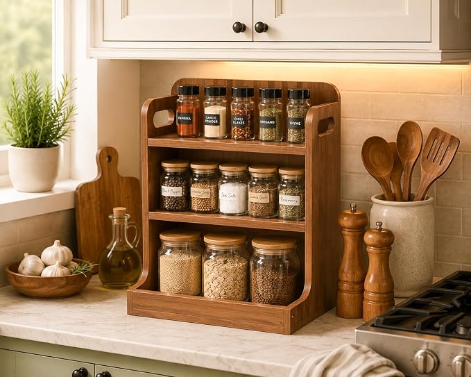 Solid Wood 3-Tier Spice Rack Countertop Organizer Kitchen Storage Shelf | Sturdy wood desktop shelf for spices, coffee bars & bathroom vanities. Features portable handles & full back stability. - Image 2