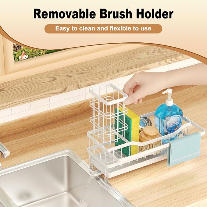 Sponge Holder for Kitchen Sink, Self-draining Sink Organizer with Towel Rack and Brush Holder, Metal Kitchen Sink Organizer for Countertop, White - Image 5