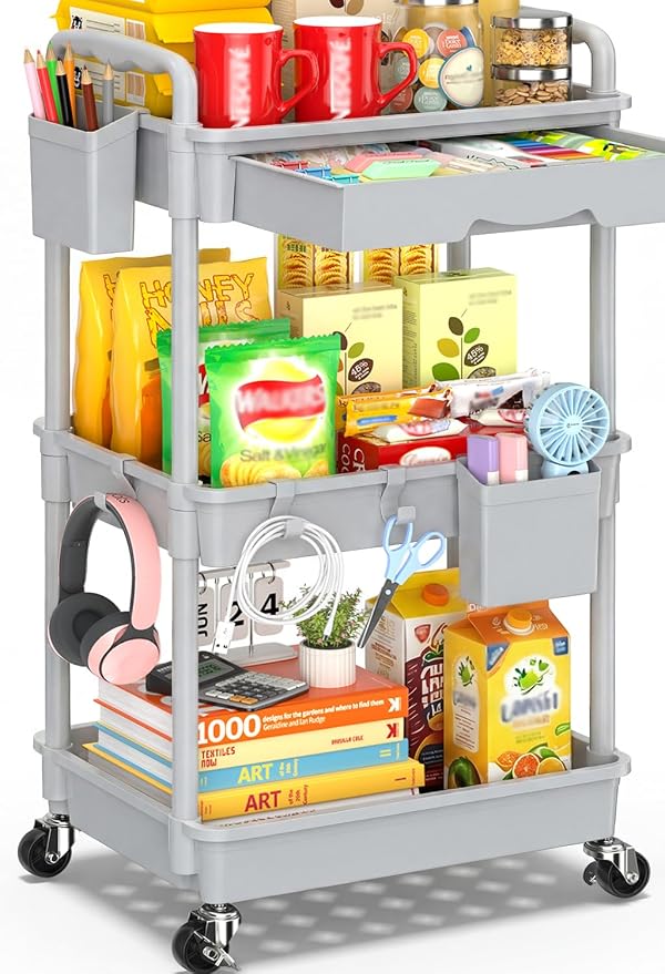 SUNALLY 3 Tier Rolling Cart with Drawer, Craft Storage Cart Organizer, Gray | Bathroom Storage Organizer with 2 Lockable Wheels, Rolling Utility Cart for Kitchen, Office, Baby, Makeup, Nail,Snack,Laundry by SUNALLY
