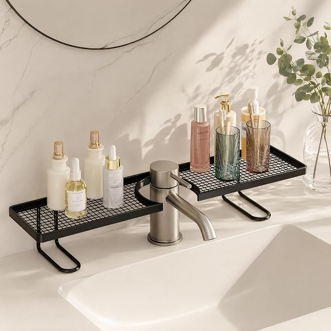 No-Drill Over Sink Organizer Rack, Freestanding Carbon Steel Faucet Storage Caddy, Tool-Free Bathroom Countertop Shelf, Space-Saving Sink Organizer with Quick Drainage (Black) by Unknown