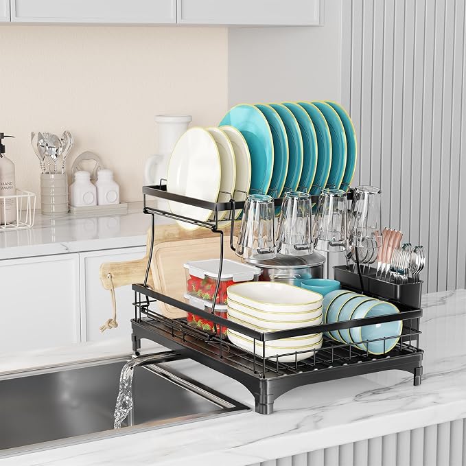 Simple Trending Dish Drying Rack, 2-Tier with Utensil Holder, Black | Stainless Steel Dish Rack for Kitchen Counter, Large Capacity Dish Drainer Organizer, Automatic Drainage, 17"D x 12"W x 15"H - Image 9