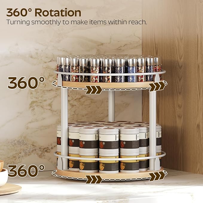 Lazy Susan Organizer, Rotating Spice Rack, 2 Tier Spice Turntable Organizer, Industrial Turntable Spice Holder, for Kitchen Countertop, Compact and Versatile, White and Natural SR22WN - Image 2