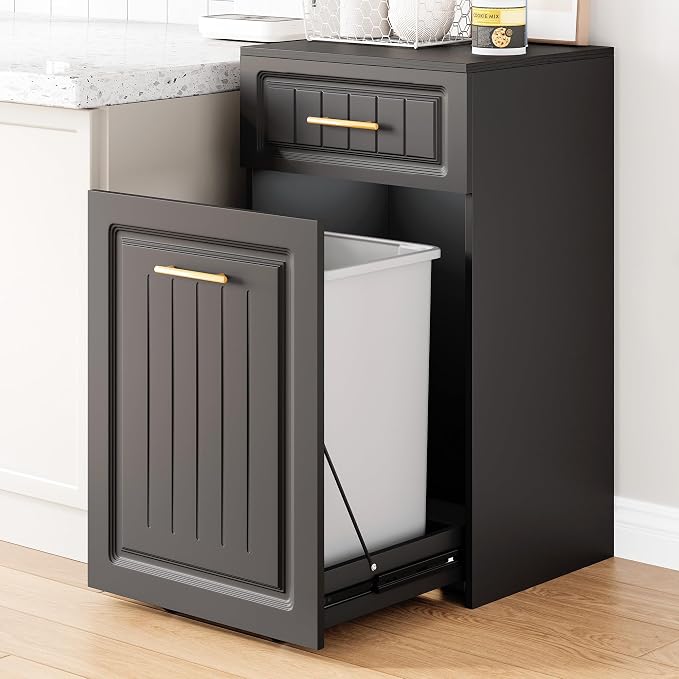ZIFTY Pull Out Trash Can Cabinet for 13 Gallon Bin, Laundry Hamper, Black | Pet Proof, Freestanding Kitchen Cabinet, Hideaway Drawer, Wooden Garbage Recycling, Modern Farmhouse Waste Bin Furniture by ZIFTY