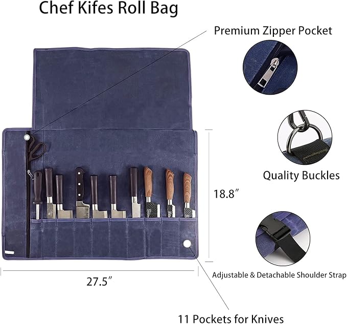 Chef’s Knife Roll Bag,Waxed Canvas Knife Cultery Carrier, Portable Chef Knife Cases,Knife Pouch Holders With 10 Slots Plus 1 Zipper Pockets Can Hold Home Kitchen Knife Tools Up To 18.8” - Image 2