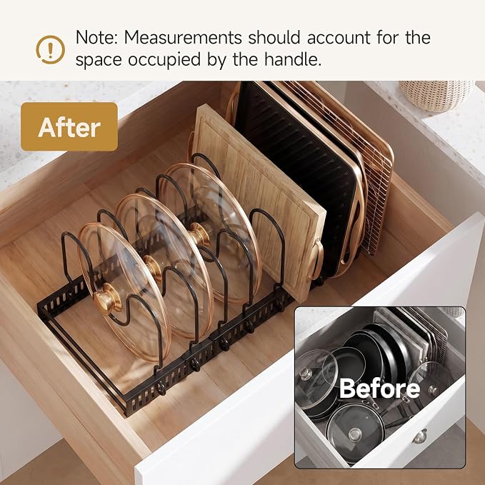 MUDEELA Pot Lid Organizer for Cabinet, Adjustable Baking Pan Rack 7 Slots | 7 Adjustable Divider, Tool-Free Assembly,Non-Slip, Scratch-Proof, Sturdy Metal Frame, For Pan Lid Cutting Board Bakeware - Image 6