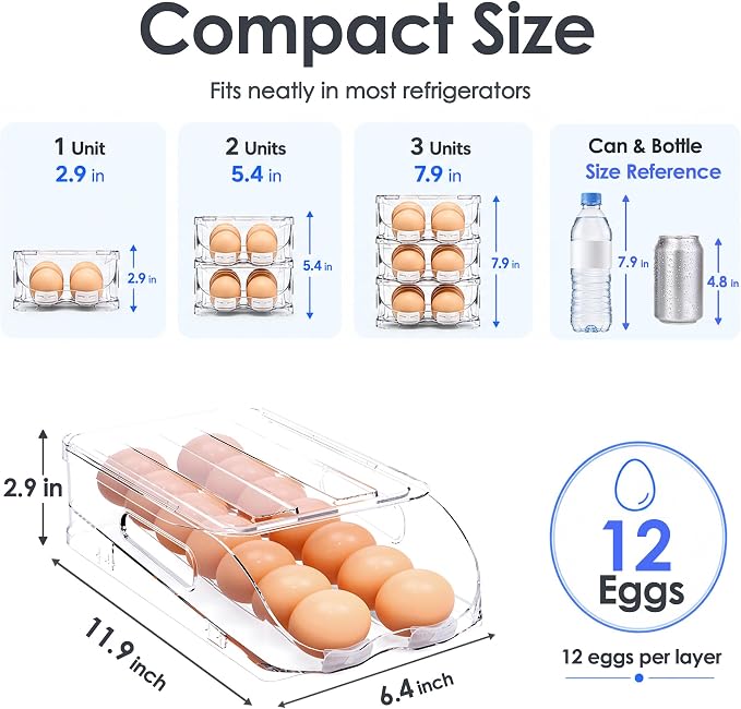 SMRCAD 12-Egg Dispenser with Silicone Bumpers, Auto-Rolling, Stackable | BPA-free food-grade PET | Stackable with lid | Built-in handle | Fits Large to Jumbo Eggs | Hand wash only - Image 6