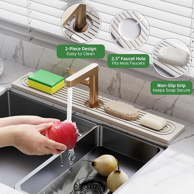 23.6 Inch Stone Faucet Mat for Kitchen Sink Splash Guard - Diatomite Quick Dry Stone Mat Kitchen Sink Protectors, Water-Absorbent Faucet Handle Drip Tray(White, 23.6" x 3.9") - Image 3
