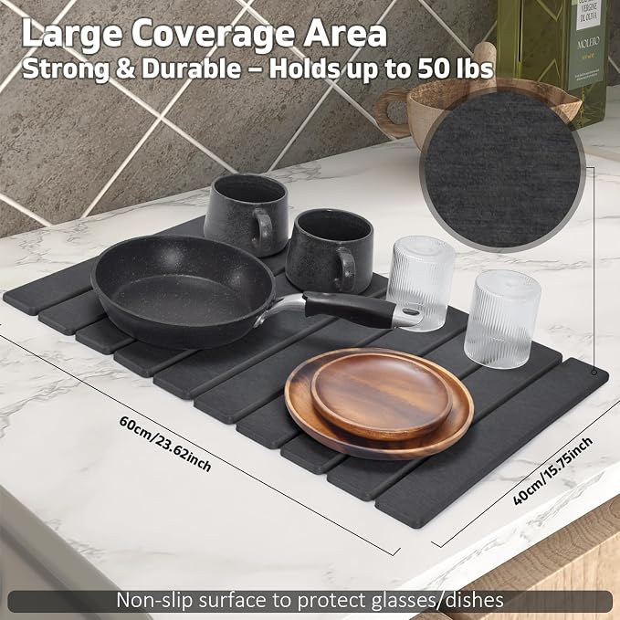 Large Stone Dish Drying Mat for Kitchen Counter, Quick Dry Dish Drying Mats, Foldable Absorbent Diatomaceous Earth Mats for Plate Rack Bottles Cups, Match Any Countertop (Dark Gray 24"×16" & 8"x4") - Image 5