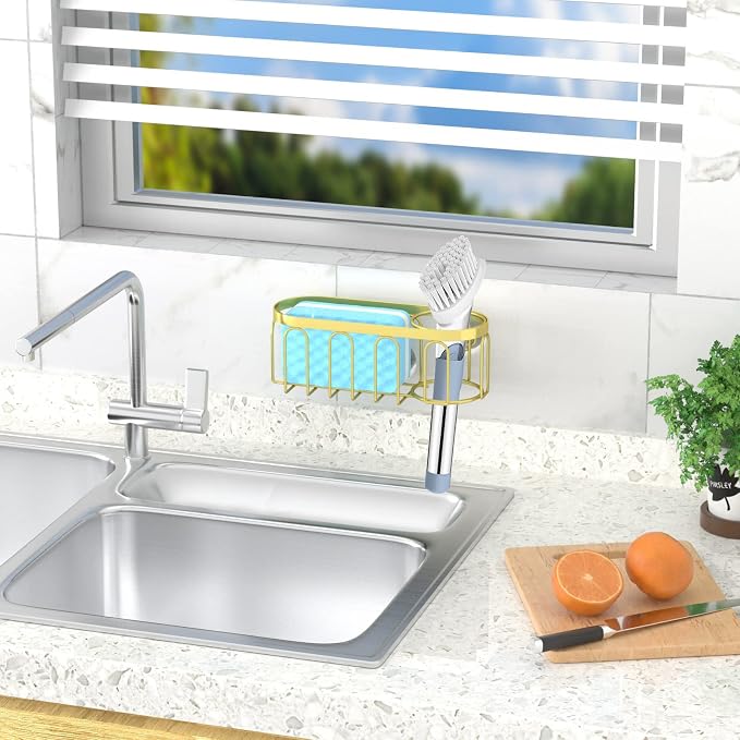2-in-1 Sponge Holder for Kitchen Sink, Sink Caddy Kitchen Sink Organizer with 3 Suction Cups, No Drill Rustproof Sink Sponge Holder for Dish Brush, Soap & Sponge (Gold) - Image 5