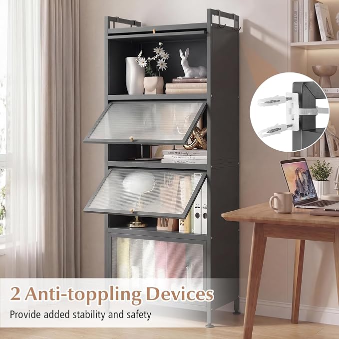 GIANTEX 5-Tier Kitchen Storage Cabinet, 4 PC Doors, Rolling Wheels, Grey | Mobile Metal Pantry Cabinet with 4 Hooks & Adjustable Feet, 60" Baker's Rack Microwave Stand for Dining & Living Room - Image 7