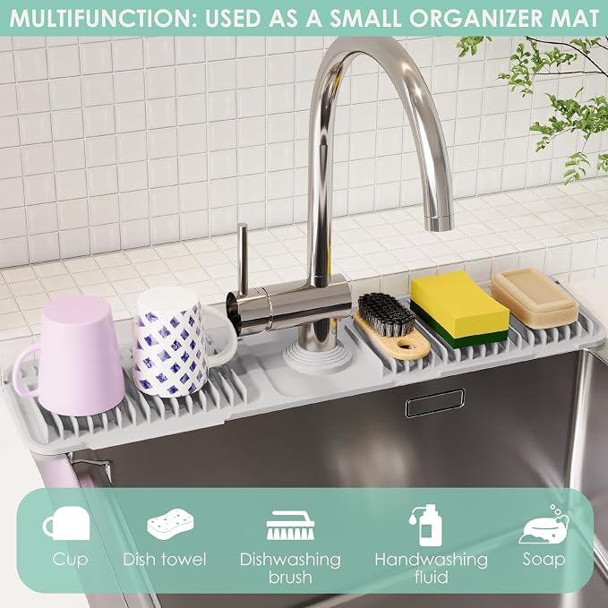 24-Inch Silicone Faucet Mat for Kitchen Sink Splash Guard, 7° Slope | 24"x5.5" water draining mat with fasten button; 1.6-2.75" customizable hole for bathroom, RV & kitchen sink drip catcher. - Image 7