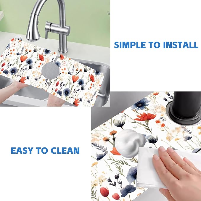 Watercolor Red and Blue Flowers Sink Faucet Absorbing Mat Sink Splash Guard Faucet Mat Draining Mat Fast Drying Sink Protectors for Kitchen and Bathroom 5.5"×15" - Image 5