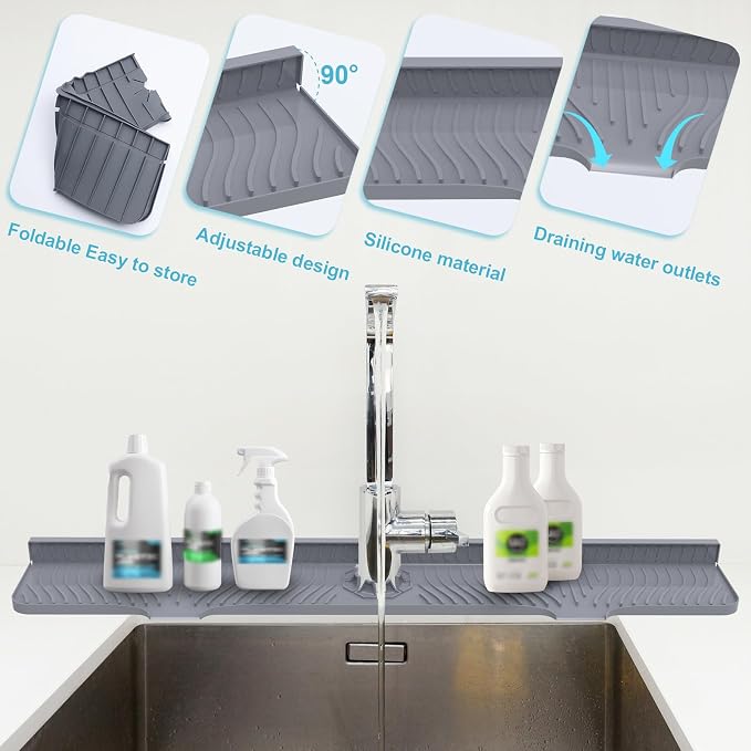 Derlights 33 inch Sink Splash Guard Mat, Silicone Faucet Handle Drip Catcher Tray, Longer Silicone Sink Mat for KitchenBathroom, Drip Protector Splash Countertop (Gray) - Image 5