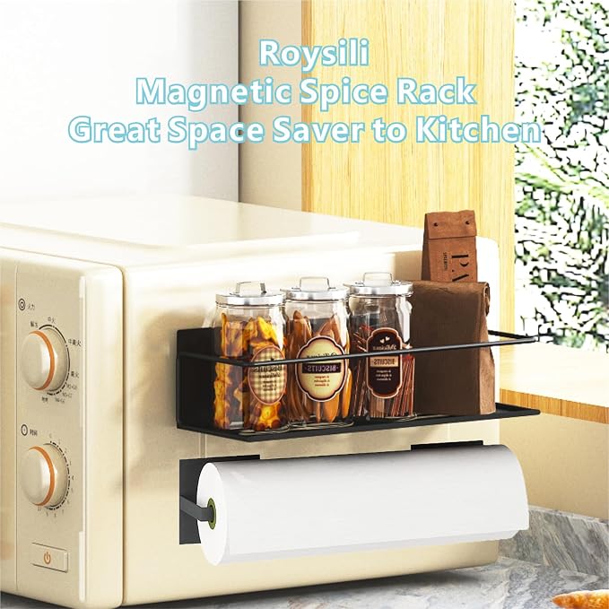 Magnetic Spice Rack For Refrigerator, Space Saving Magnetic Shelf For Fridge Matt Black 4 Pack With Magnetic Paper Towel Holder - Image 4