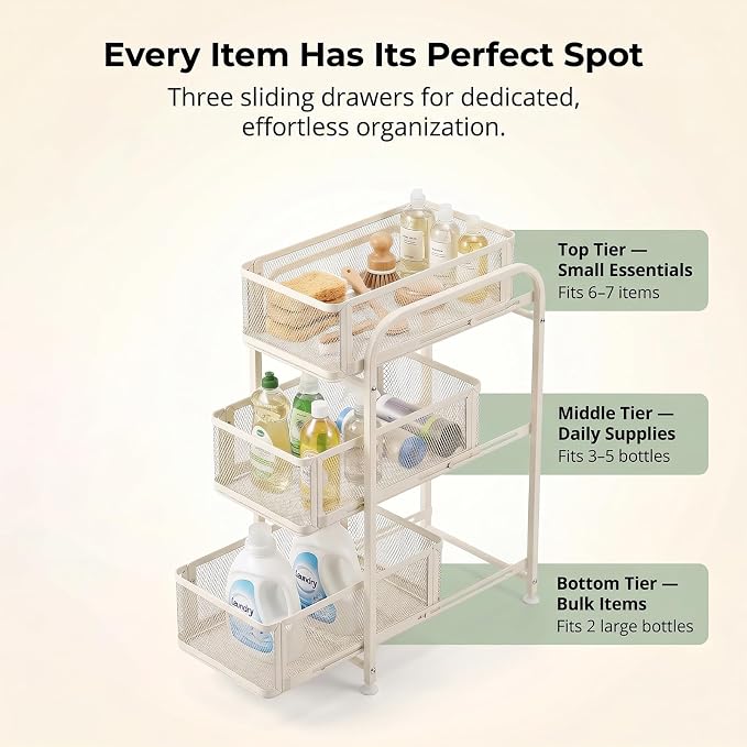 3 Tier Under Sink Organizer, Pull Out Cabinet Storage Organizer with Sliding Mesh Drawers, Heavy Duty Metal Under Sink Storage for Kitchen, Bathroom, Cabinet, Small Space, White, 1 Pack - Image 5