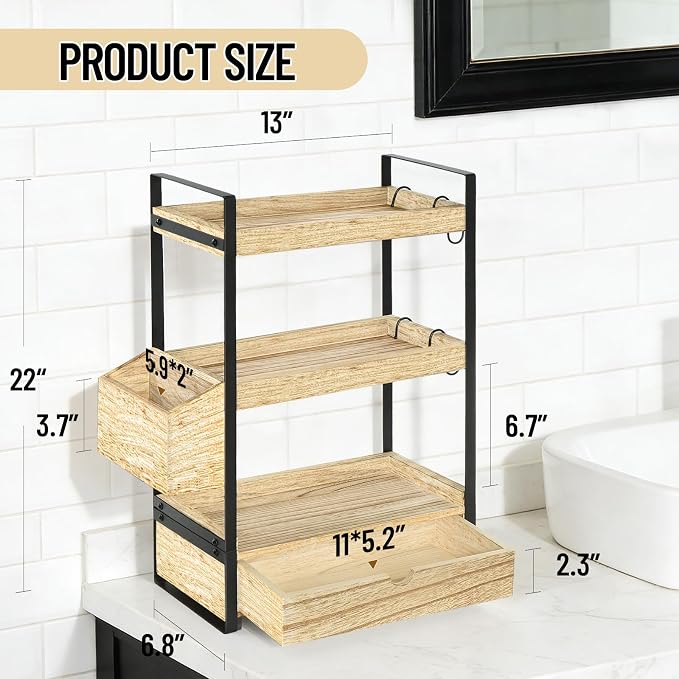 3-Tier Bathroom Counter Organizer with Drawer Basket and Hooks, Wood Bathroom Organizers and Storage for Countertop, Farmhouse Brown Countertop Organizer, Counter Shelf for Vanity, Kitchen,Office - Image 8