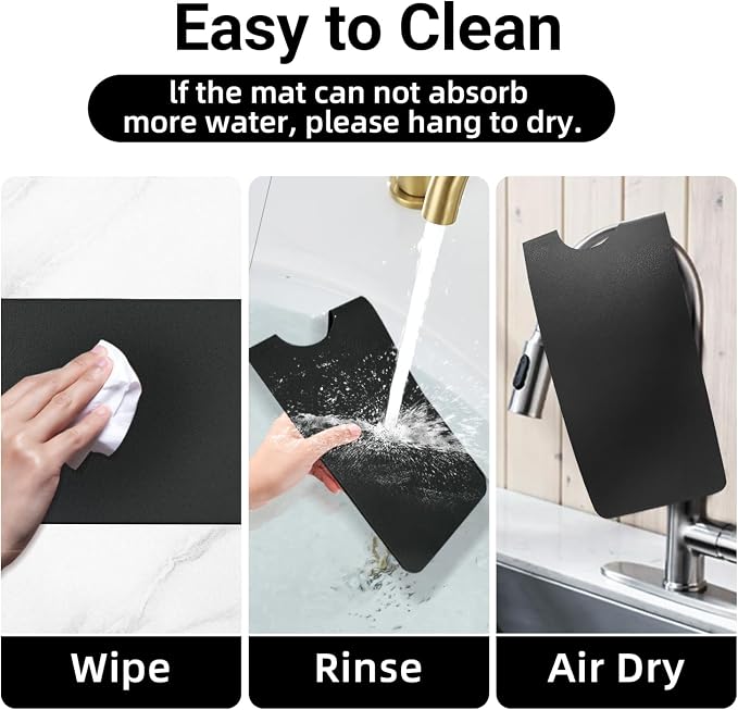LOPNUR Cuttable Faucet Mat for Kitchen Sink, Long 24x5.5 Inch, Black | Super Absorbent & Fast Dry Diatomite Sink Splash Guard, 0.8-2.4 Inch Adjustable Faucet Hole, Cut to Fit Bathroom & RV Sinks - Image 8