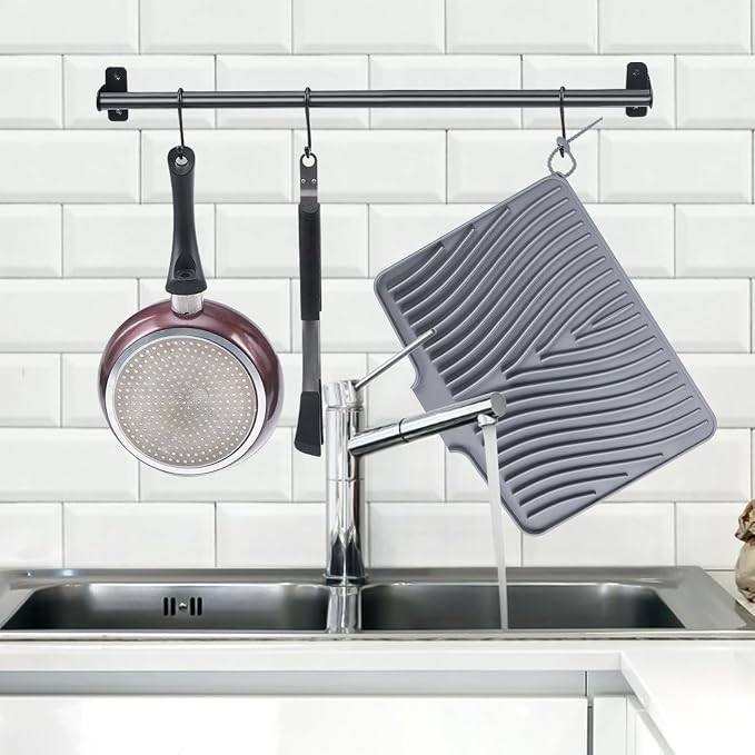TIKNIK Silicone Dish Drying Mat for Kitchen Counter, Grey-1pcs, 20" x 15" | Heat Resistant & Non-Slip Dish Drain Pad with Built-In Drain, Dishwasher Safe, Quick-Dry, Hangable & Roll-Up for Storage - Image 6