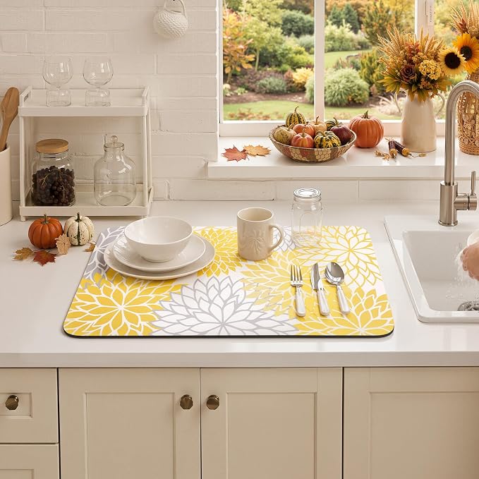 Findosom Fall Dish Drying Mat, 12" x 20" Super Absorbent Dish Mat with Floral, Hide Stain Drying Mat for Kitchen Counter, Under Dish Rack, Coffee Maker, Espresso Machine, Yellow - Image 7