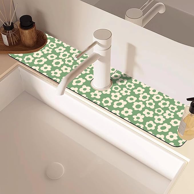 Vintage Groovy Flowers Sink Faucet Absorbing Mat Splash Guard Behind Faucet Sink Mat Absorbent Fast Drying Faucet Draining Mat for Bathroom Kitchen 5.5"×24" - Image 2