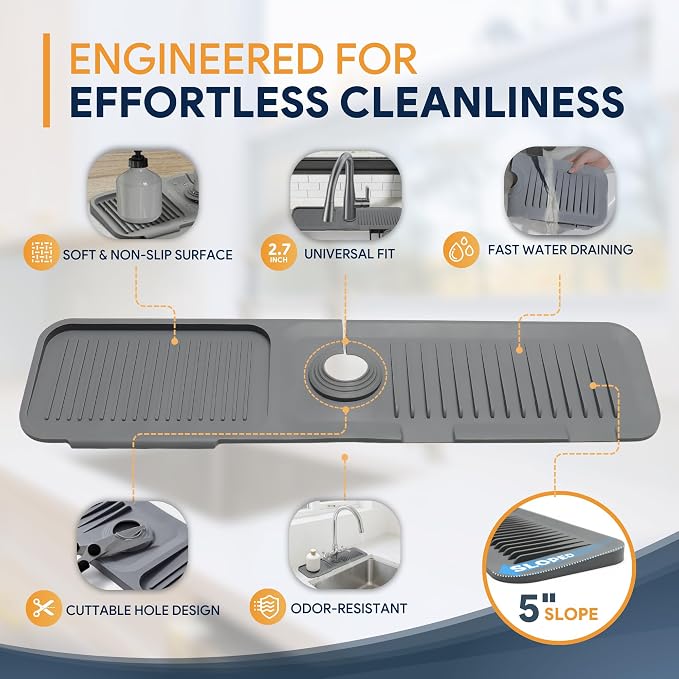 24” Silicone Faucet Mat For Kitchen Sink, Kitchen Sink Splash Guard Behind Faucet, Kitchen Faucet Mat For Kitchen Sink, Kitchen Sink Faucet Mat Splash Guard and Sink Water Splash Guard (Gray) - Image 5