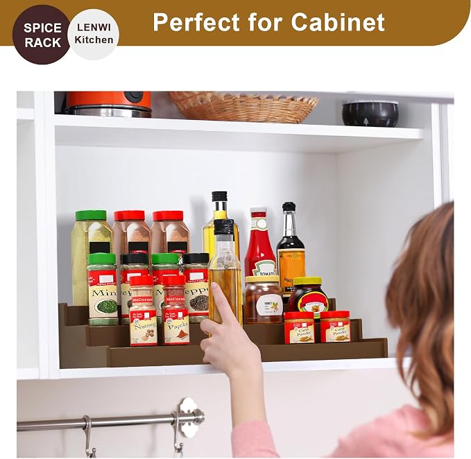 Lenwi Spice Rack Organizer for Cabinet, 3 Tier Expandable Bamboo Spice Storage for Kitchen Cupboard Pantry, Brown - Image 6