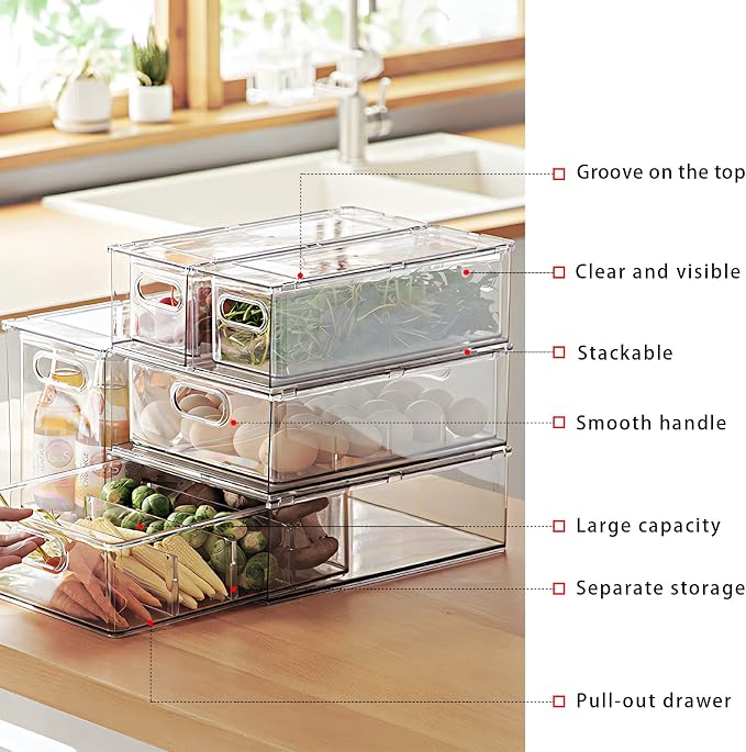 MANO Fridge Drawer Pull Out Stackable Bins with Handle Clear Refrigerator Drawers Organizer Food Storage Container Box Plastic Produce Saver for Pantry, Cabinet, Kitchen, Clothes（4Pack） - Image 4