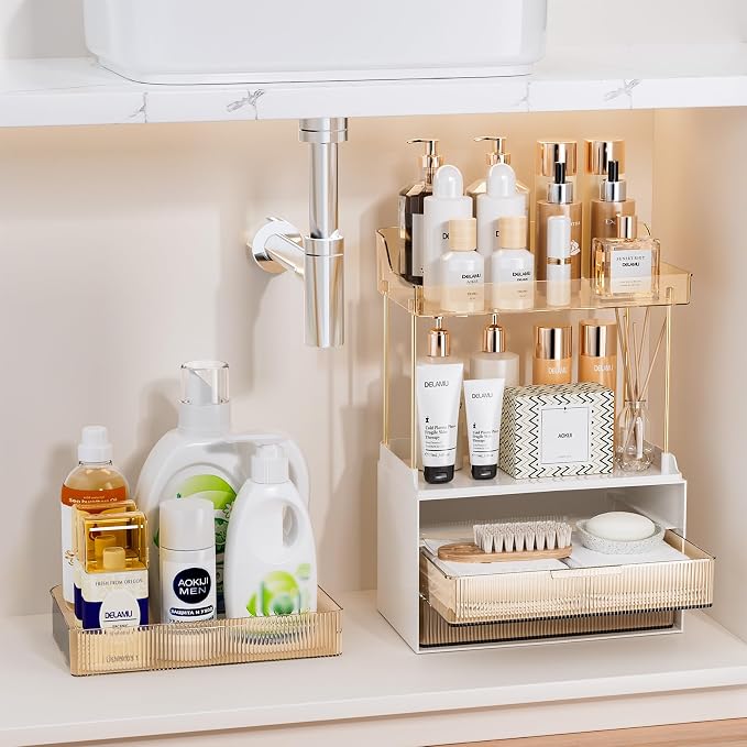 Delamu 5-Tier Makeup Organizer, Bathroom Counter Storage, 3 Drawers, Amber | Elegant Vanity Organizer Gift for Women, Holds Perfume, Skincare, Nail Polish & Hair Accessories for Bathroom Countertop - Image 6