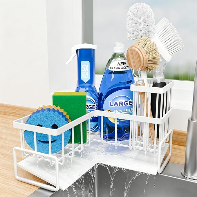 Fikoksol Large Sponge Holder for Kitchen Sink, 90-Degree Sink Caddy Storage | Self Draining Sponge Rack for Countertop, Metal L-Shaped Dish Soap Organizer with Brush Holder, Corner Sink Storage Ideas by HOMEACCESSORIES
