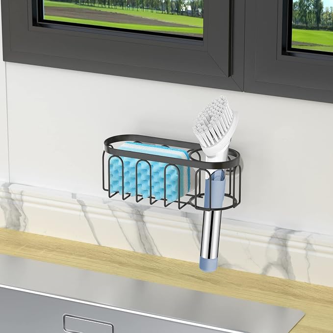 2-in-1 Sponge Holder for Kitchen Sink, Sink Caddy Kitchen Sink Organizer with 3 Suction Cups, No Drill Rustproof Sink Sponge Holder for Dish Brush, Soap & Sponge (Black) - Image 6