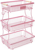 3 Tier Fruit Basket with 2 Banana Hangers, Mesh Basket Fruits Stand Produce Holder Organizer for Onion Potato Bread Snack Veggie Pink by Lawhood-Mijin