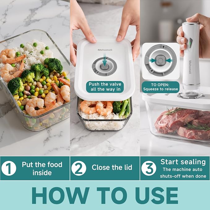 Compact Vacuum Sealer Set with 3 Glass Containers and 30 Bags | Powerful 60 kPa suction, Keeps food fresh up to 6X longer, Ideal for meal prep, Durable borosilicate glass containers - Image 5
