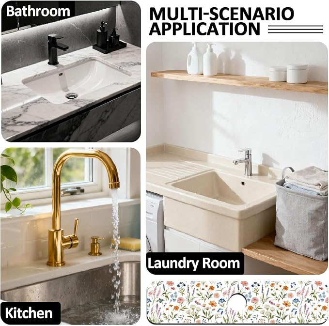 2 Pcs Kitchen Sink Splash Guard Faucet Mat Watercolor Plants Faucet Mat for Sinks Flowers Pattern Absorbing Drying Mats for Kitchen Bathroom, 23.6x5.5inch - Image 7