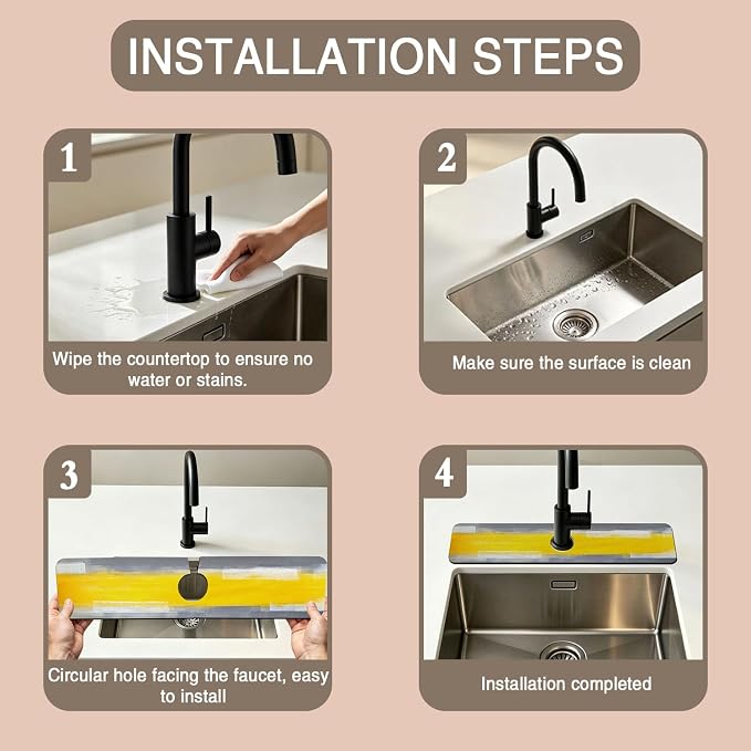 Kitchen Faucet Mat Grey and Yellow Abstract Geometric Sink Splash Guard Behind Faucet Draining Mat Kitchen Accessories Non-slip Easy to Clean for Bathroom & Kitchen 24"X5.5" - Image 4