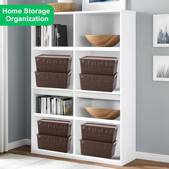 6 Pack Plastic Storage Baskets with Lid,Brown Stackable Bins | Durable Woven Plastic With handle Breathable,Save space ,For Organizing Desktops, Closets, Playrooms, Classrooms, Offices - Image 7