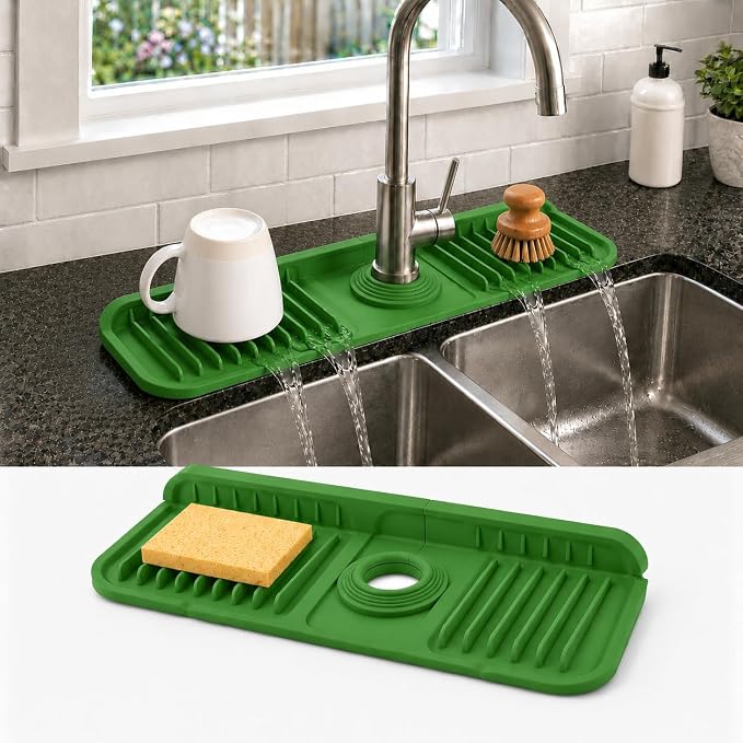 14.5" Silicone Faucet Handle Drip Catcher Tray,7° Sloped Self Draining Mat with Snap-on Design & Soap Holder, Sink Splash Guard for Kitchen & Bathroom, Trim-to-Fit Opening by Unknown
