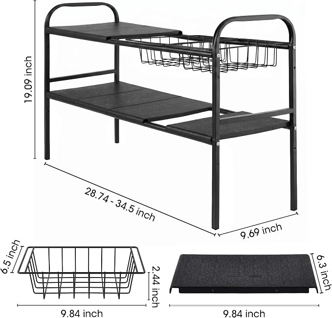 Expandable 2 Tier Under Sink Organizer, Black, 28.74-34.5 Inch Width | For Kitchen and Bathroom, 2 Storage Baskets, 6 Removable Panels, Adjustable Height Metal Shelf, Fits Pipes - Image 2