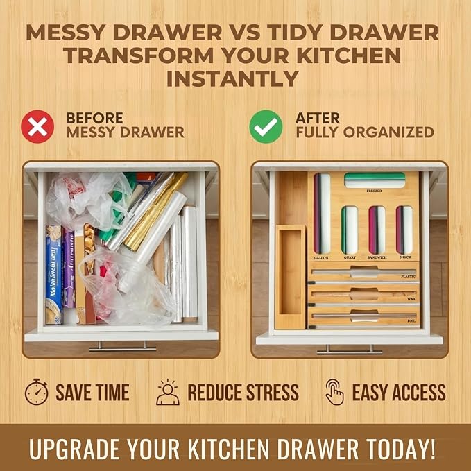 9 in 1 Storage Bag Organizer for Kitchen Drawer, Bamboo Foil and Plastic Wrap with Cutter, Ziplock Bag Organizer for Quart, Gallon, Sandwich & Snack Bags - Aluminum Foil Organizer - Image 3