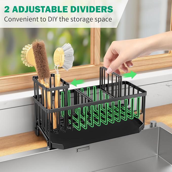 TomCare Kitchen Sink Caddy, 11-Inch Sponge Holder with Drain Tray | 2 Adjustable Dividers and Tall Brush Holder Create Flexible Storage for Sponges and Kitchen Counter Accessories - Image 4