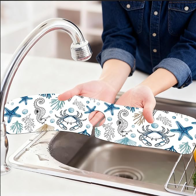 2 Pcs Marine Animals Kitchen Sink Splash Guard Faucet Mat | Faucet Mat for Sinks Absorbing Drying Mat for Kitchen Bathroom, 23.6x5.5inch - Image 6