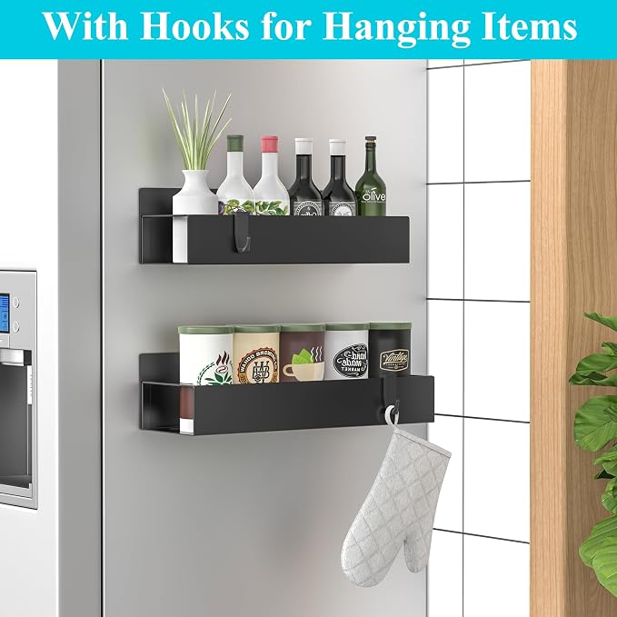 2 Pack Magnetic Spice Storage Rack Organizer for Refrigerator and Oven, Matt Black Fridge Organizers and Storage | Magnetic Shelves Heavy Duty for Fridge in Kitchen, Seasoning Storage Organizer, For Oven Washer and Dryer, For Heavier Items - Image 2
