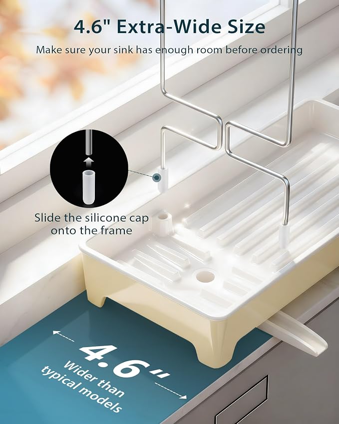 Minimalist Sink Caddy, Rustproof Sponge Holder for Kitchen Sink Yellow | Large Rustproof countertop organizer with 304 stainless steel brush holder, raised ridges and silicone drain tube - Image 4