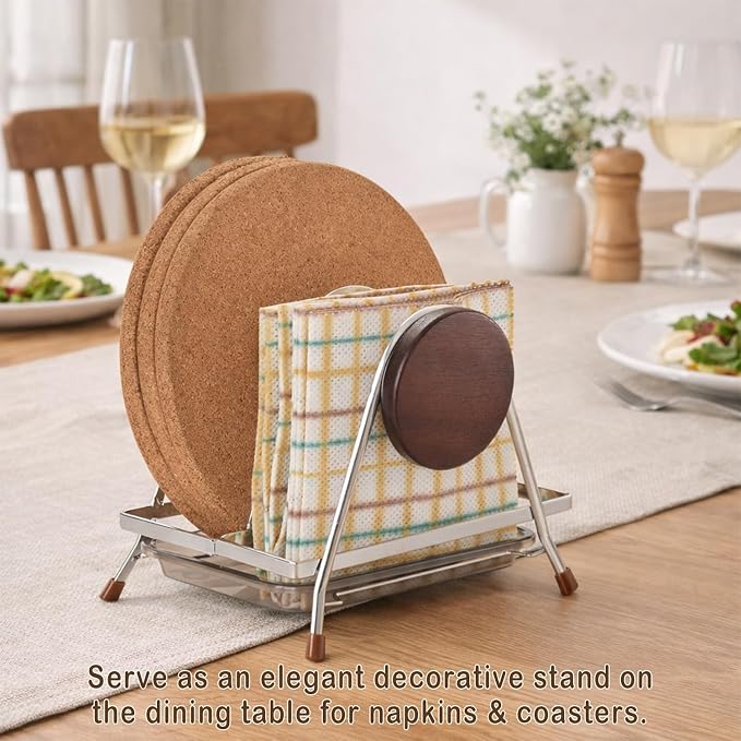 6.5mm Stainless Steel Pot Lid Holder while Cooking, Multifunctional Cutting Board Pan Lid Organizer for Countertop with Beech Wood Accents, Heavy Duty Rack with Nonslip Pads & Removable Drip Tray - Image 5