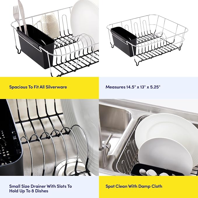Sweet Home Collection 2 Piece Dish Drying Rack Set Drainer with Utensil Holder Simple Easy to Use Fits in Most Sinks, 14.5" x 13" x 5.25", Black - Image 6
