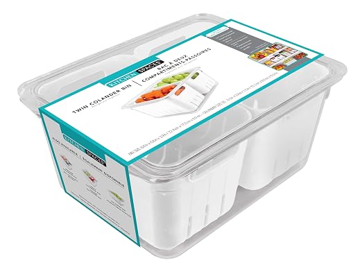 Kitchen Spaces Twin Colander Stackable Food Storage Organizer for Fridge, Freezer, and Pantry, 8.8" x 6.8" x 3.9", Blue by KitchenSpaces